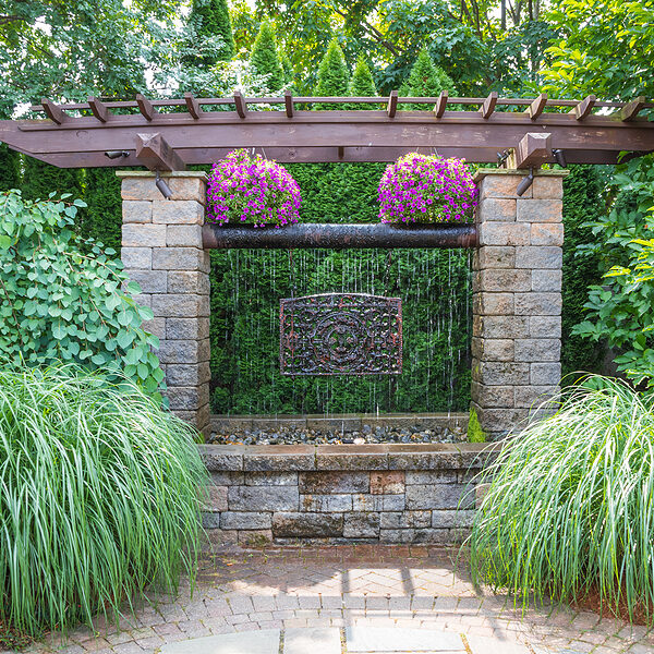 landscape architecture with pergola and water features for summer garden